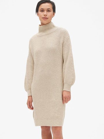 Cozy Blouson Sleeve Turtleneck Sweater Dress