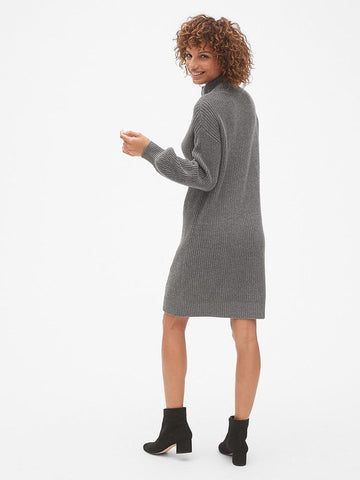 Cozy Blouson Sleeve Turtleneck Sweater Dress