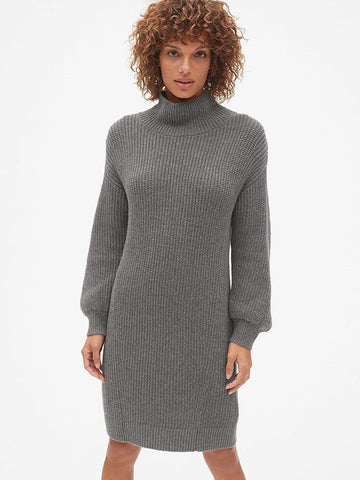 Cozy Blouson Sleeve Turtleneck Sweater Dress